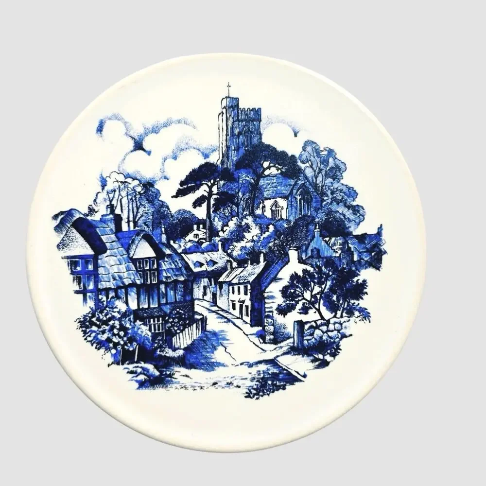 Vintage HR Johnson Tiles 3 Round Delft Blue White Village Scene England 3.5 Inch